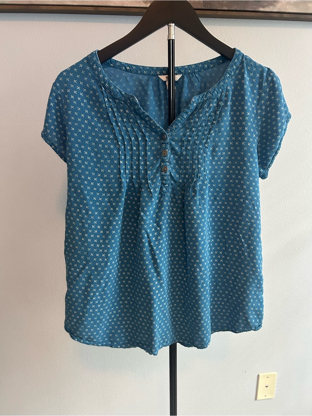 Sonoma Teal Blue Printed Short-Sleeve Peasant Blouse